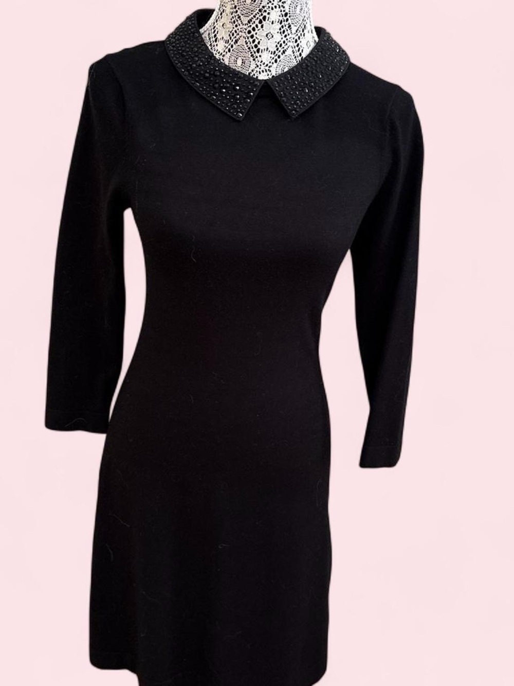 Karen Millen Black Beaded Collar Long-Sleeve Dress